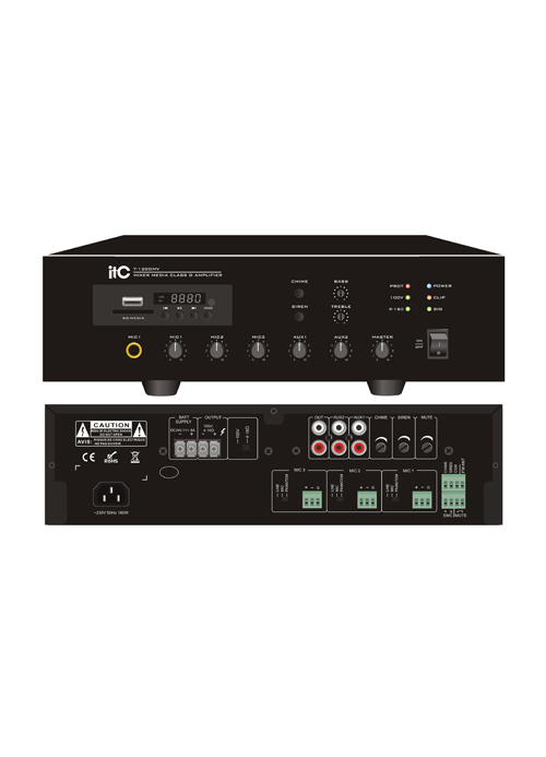 ITC - T-120DMV / T-240DMV / T-350DMV / T-500DMV Desktop Digital mixer amplifier with MP3/Tuner/Bluetooth (Phoenix Mic Input, with 24VDC)